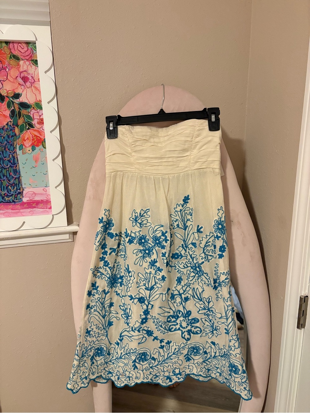 NWT Anthropologie Cream Mini Dress with Blue Floral Embroidery
